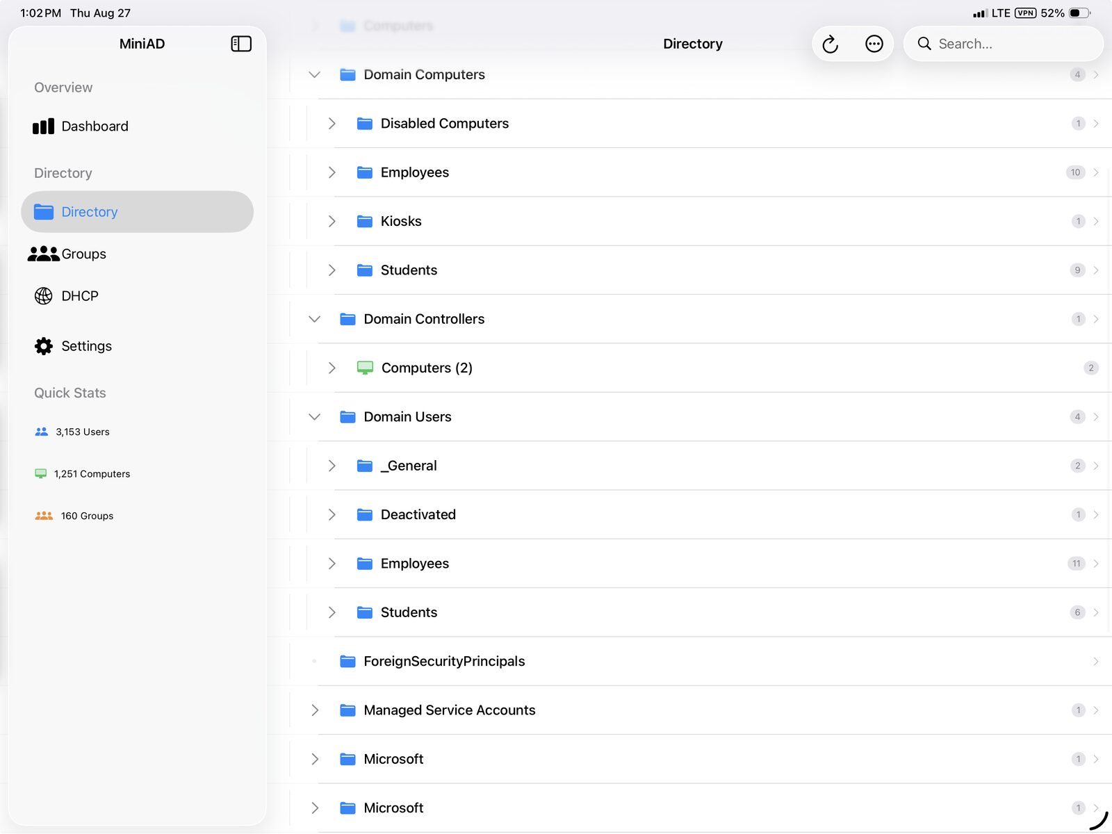 MiniAD directory tree on iPad showing nested organizational units