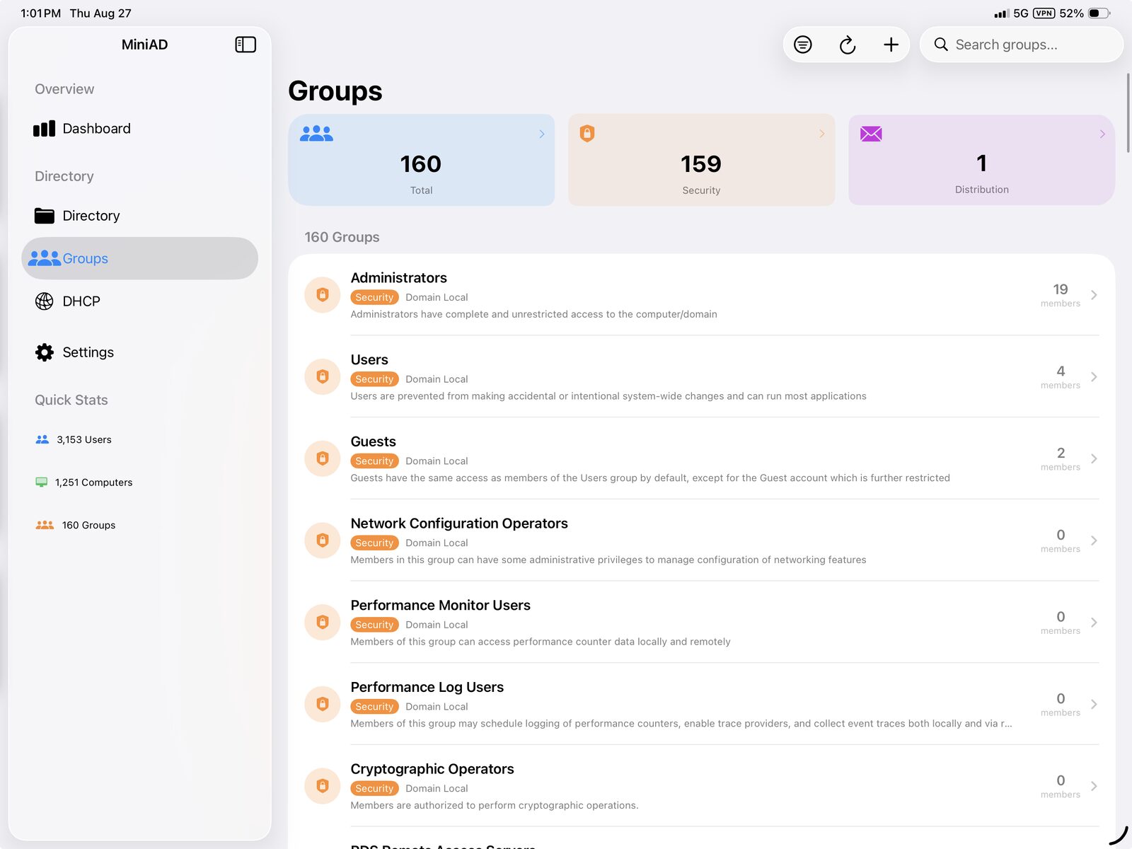 MiniAD groups list on iPad showing security and distribution groups with member counts