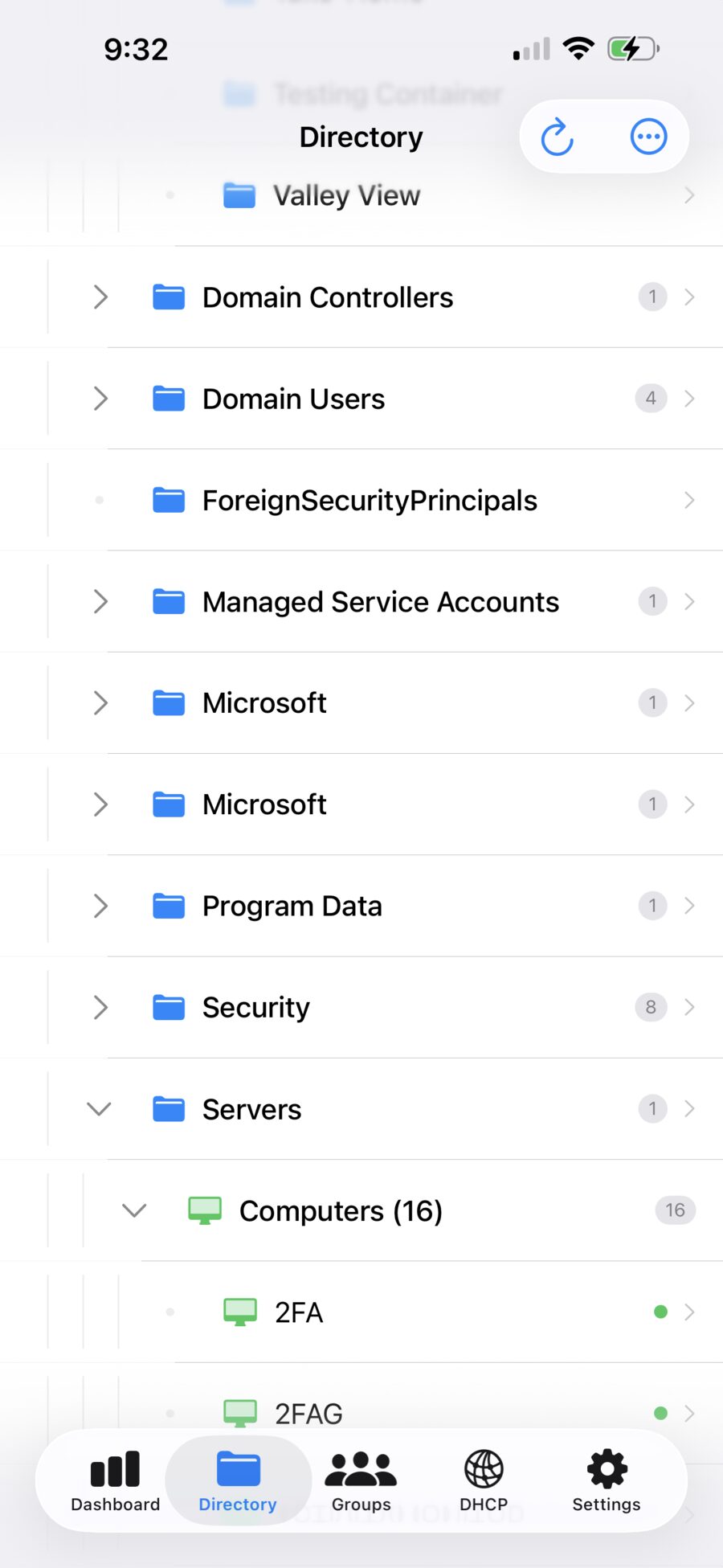 MiniAD directory tree on iPhone showing organizational units and domain-joined computers