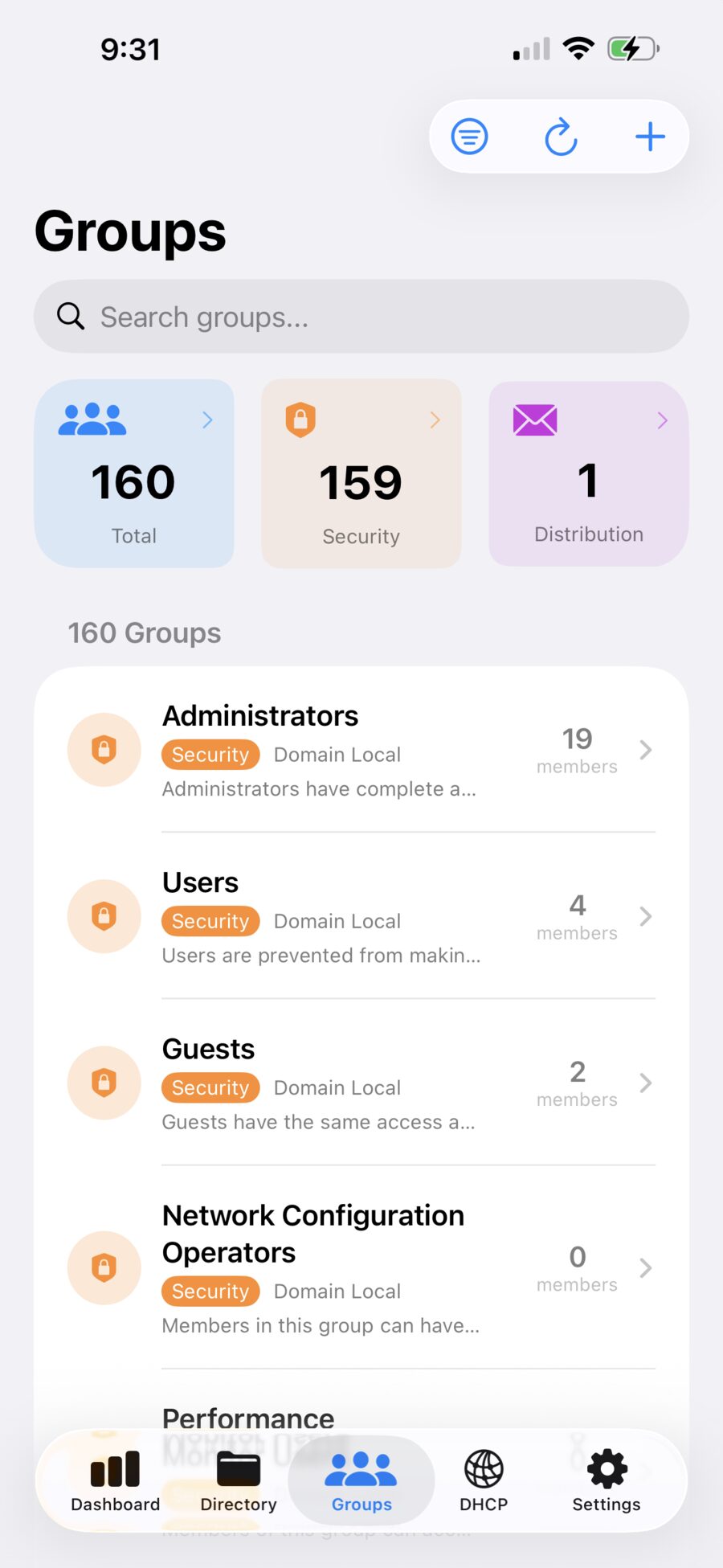 MiniAD groups list on iPhone