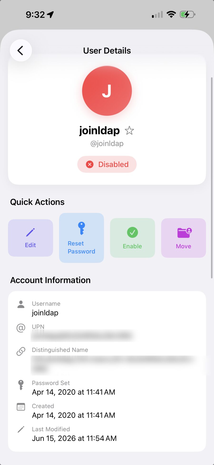 MiniAD user details on iPhone with quick actions for edit, reset password, enable, and move
